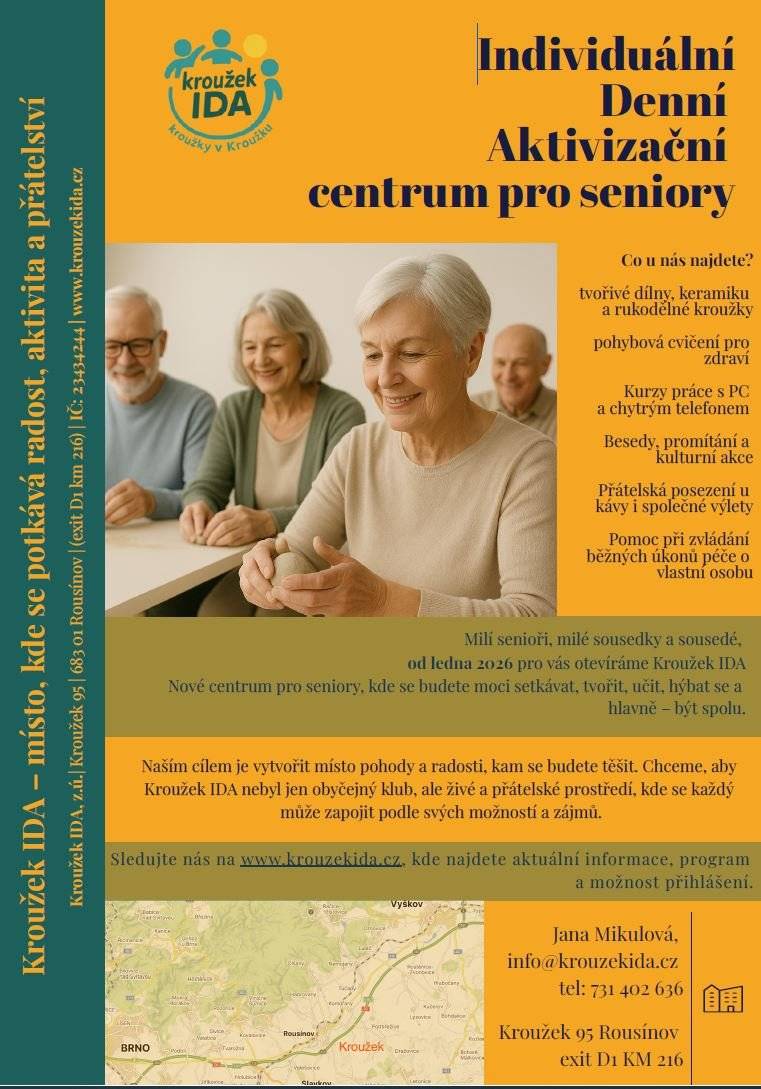 Denní aktivizační centrum Kroužek IDA nabízí seniorům možnost aktivního a důstojného dne v přátelském prostředí a zároveň poskytuje úlevu pečujícím rodinám. V příloze  aktuální leták s informacemi o službě a kontaktech