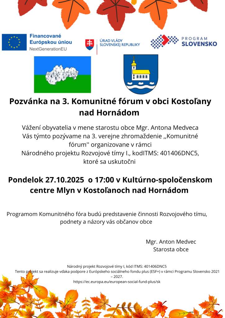 Pozývame Vás na verejné zhromaždenie - komunitné fórum dňa 27.10.2025 o 17.00 hod. v KSC Mlyn.