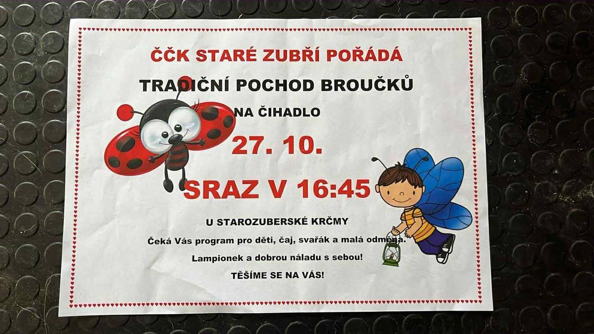 Milí rodiče a děti, dnešní pochod broučků pořádaný ČČK Staré Zubří se z důvodu nepříznivého počasí ruší 🌧️ Akce se přesouvá na středu 29. října 2025 ve stejném čase – sraz v 16:45 u starozuberské krčmy. Těšit se můžete na stejný program, teplý čaj, svařák i malou odměnu 🍵🎁 Lampionek a dobrou náladu s sebou! 💛💚🦬