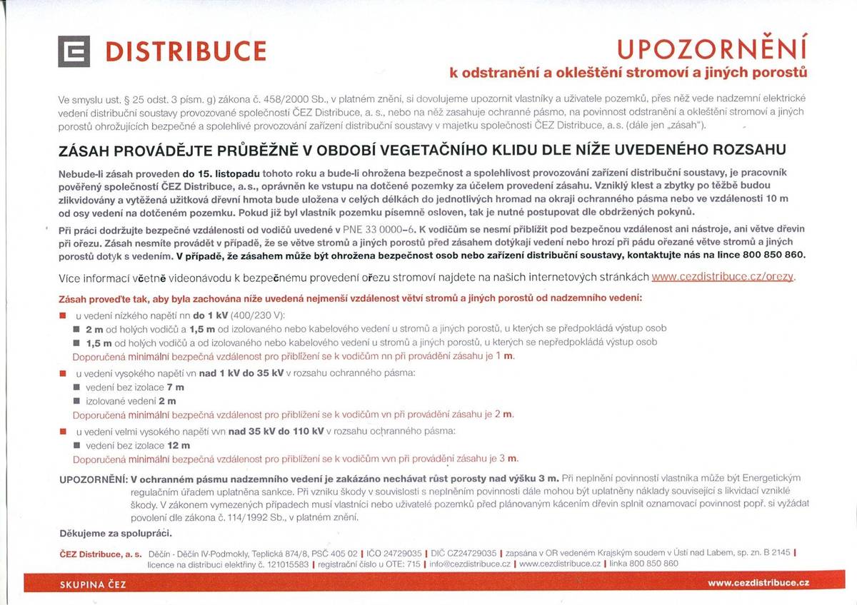 ČEZ Distribuce, a. s. - Upozornění k odstranění a okleštění stromoví a jiných porostů