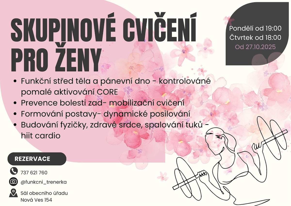 Cvičitelka Katka H. zve na cvičení do sálu v Nové Vsi. Začíná se (po přestávce) už dnes! Cena 100 Kč za lekci.