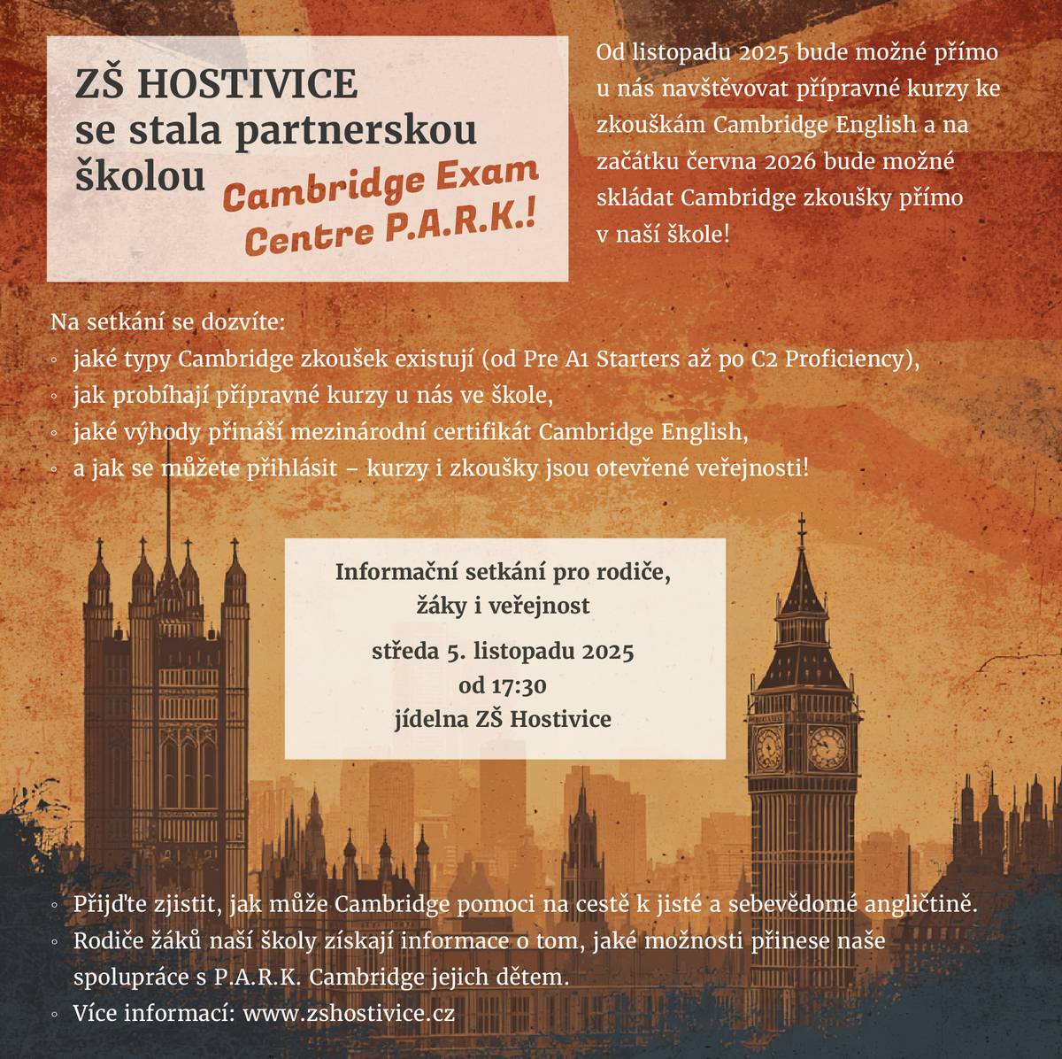 Informační setkání pro rodiče, žáky i veřejnost  středa 5. listopadu 2025 od 17:30 jídelna ZŠ Hostivice