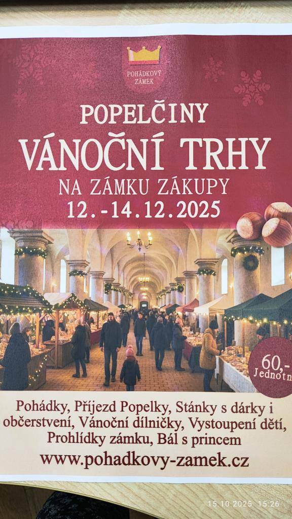 Obec Trubská pořádá dne 13.12.2025 zájezd na poprvé se konající ADVENTNÍ TRHY na zámku ZÁKUPY.  Odjezd 10:45 hod ze zastávky Trubská.