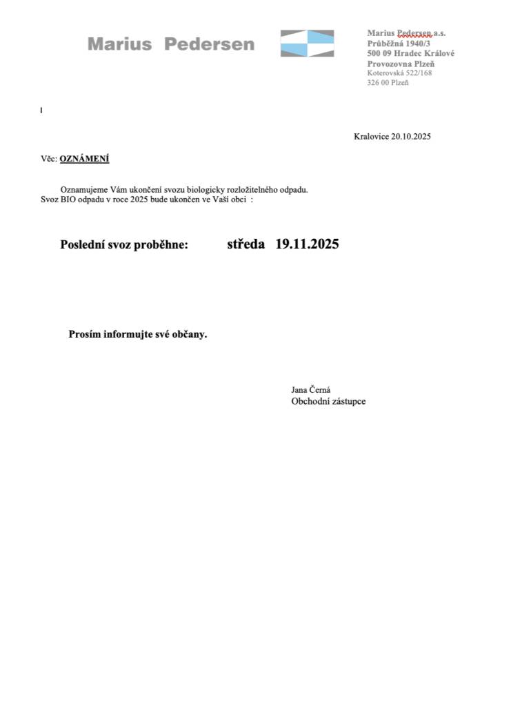 Poslední svoz proběhne ve středu 19. 11.