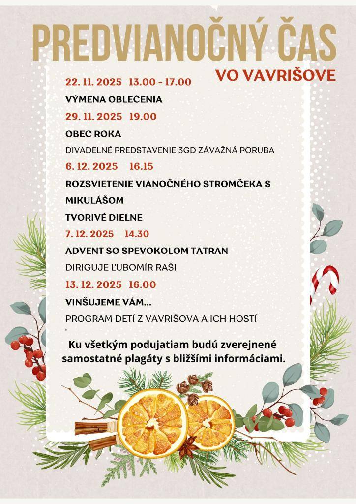 V obci Vavrišovo sa chystá množstvo zaujímavých podujatí v predvianočnom čase.