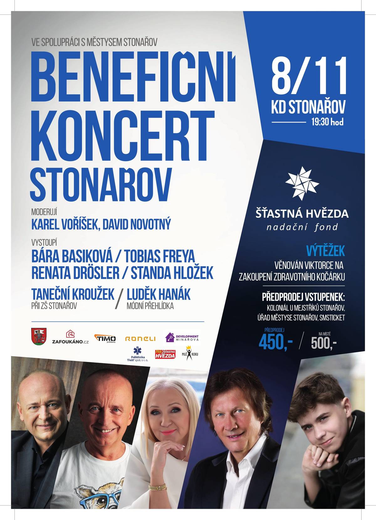 Nadační fond Šťastná hvězda ve spolupráci s městysem a základní školou zve na již tradiční BENEFIČNÍ KONCERT, který se koná 8.11.2025 v sále KD Stonařov od 19:30 hodin. Vstupenky si můžete zakoupit v prodejně Koloniál u Mejstříků, na Úřadu městyse Stonařov anebo na SMSTicket. Večer bude moderovat Karel Voříšek a David Novotný. V rámci programu vystoupí: Bára Basiková, Tobias Freya, Renata Drösler, Standa Hložek a Taneční kroužek při ZŠ Stonařov. Součástí programu bude módní přehlídka Luďka Hanáka. Výtěžek bude věnován Viktorce na zakoupení zdravotního kočárku. Přijďte na koncert, pomůžete!