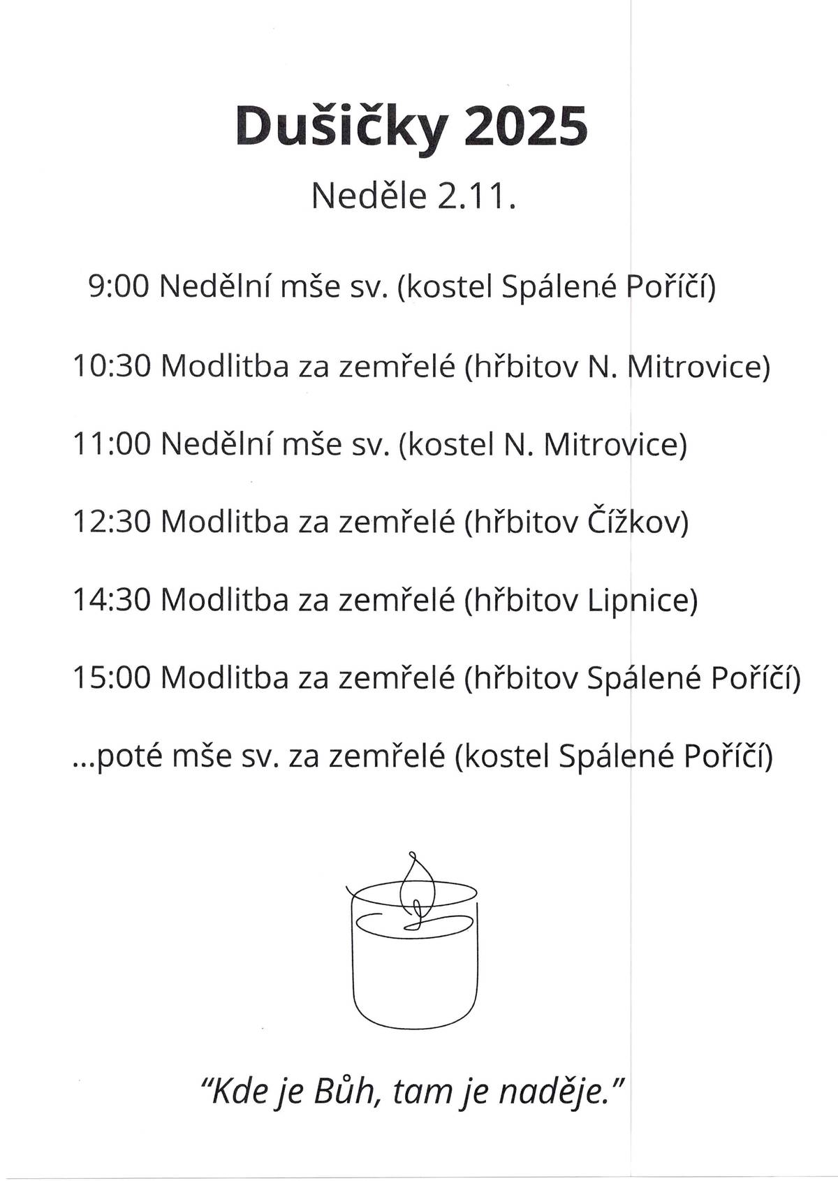 Nedělní mše svaté a modlitby za zemřelé v neděli 2. 11. 2025.