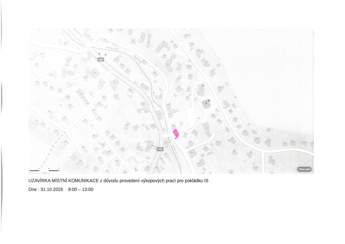 V pátek 31.10.2025 bude z důvodu výkopových prací pro pokládku IS od 8:00 hodin do 13:00 hodin uzavřena místní komunikace u domu Nový Malín č.p. 519.  K budově zdravotního střediska bude příjezd pouze od "Hypoteční" ulice.  Průchod pěších bude částečně umožněn po rekonstruovaném chodníku.