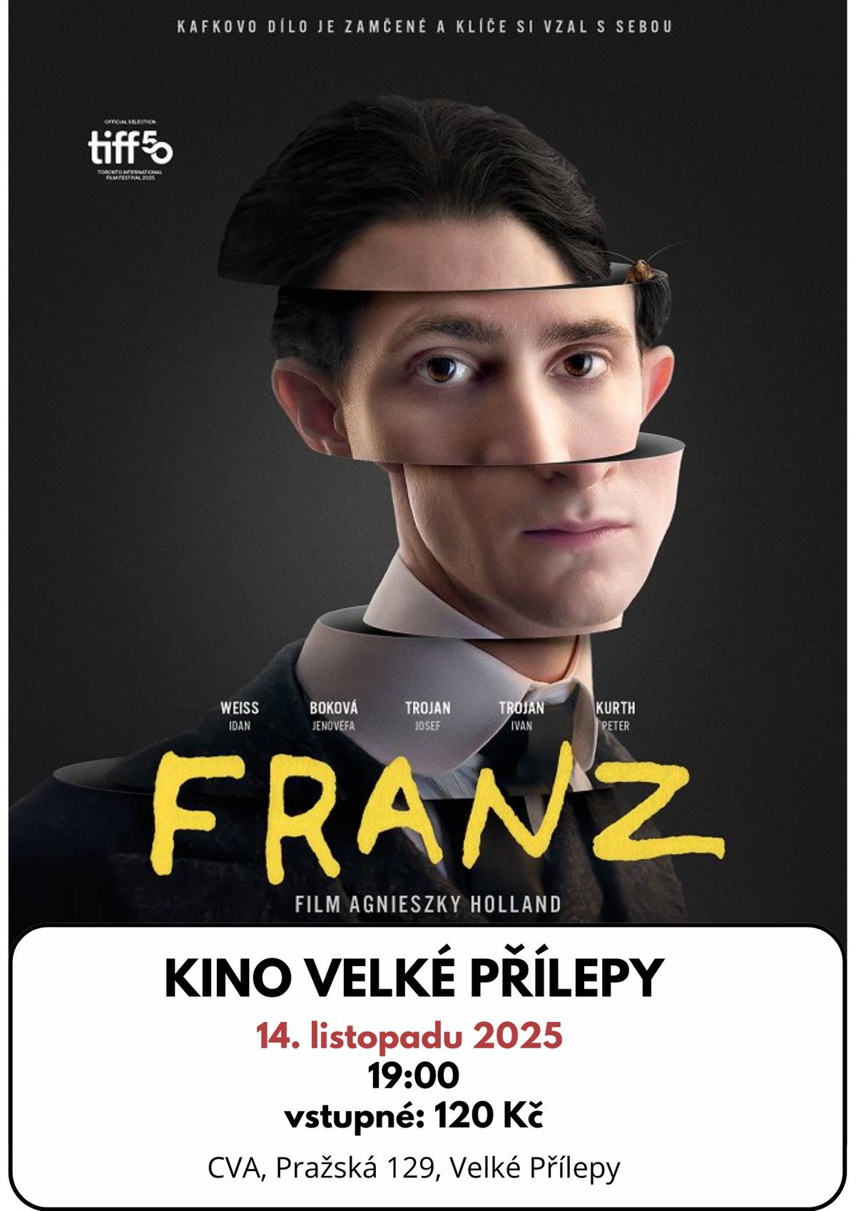 Zveme Vás v pátek 14. listopadu do CVA na filmy:  Elli a parta příšeráků    Film Elli a parta příšeráků je o osamělém duchu jménem Elli, která se vydá hledat svého zmizelého strýce a cestou se spřátelí s partou příšerek z lunaparku. Společně se vydávají na dobrodružnou cestu, aby zachránili strýce a našli své místo ve světě. Čas: 15:00 a 17:00 Místo: CVA Vstupné: 80 Kč Žánr: Rodinný / Komedie / Fantasy Země původu: Německo Rok výroby: 2024 Stopáž: 87 minut Další informace o filmu včetně ukázky  Franz  Film Franz od Agnieszky Holland je životopisný snímek o spisovateli Franzu Kafkovi, který prostřednictvím mozaiky fragmentů, snů a dopisů zkoumá jeho život od dětství v Praze až po smrt. Snímek se snaží přiblížit vnitřní svět muže, který navzdory touze po obyčejném životě napsal neobyčejná díla.  Čas: 19:00 Místo: CVA Vstupné: 120 Kč Žánr: Životopisný / Drama / Psychologický / Mysteriózní Země původu: Česko / Německo / Polsko Rok natočení: 2025 Stopáž: 127 minut Další informace o filmu včetně ukázky  Rezervace vstupenek  Nejbližší další akce v obci:  Praktický seminář pro seniory –  Práce s chytrým telefonem Knihovna, čtvrtek 6. listopadu, 10:00 - 12:00   Přílepská strašidýlka Fotbalové hřiště, sobota 8. listopadu, od 17:00   Koncert – Hot Wings CVA, čtvrtek 20. listopadu, od 19:00 Předprodej vstupenek od 3.11.2025 na podatelně OÚ.  Další akce v obci