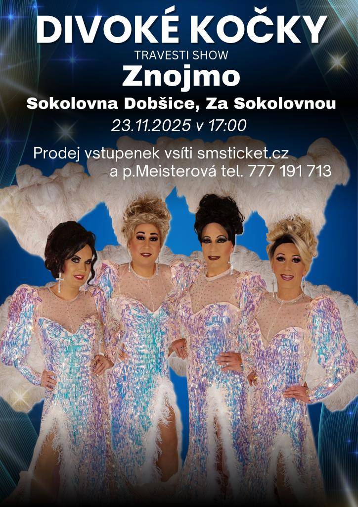 Zveme vás na travesti show Divoké kočky, která se uskuteční v Sokolovně Dobšice 23. listopadu 2025 v 17:00. Vstupenky lze zakoupit online na smsticket.cz nebo přímo u paní Meisterové na telefonním čísle 777 191 713.