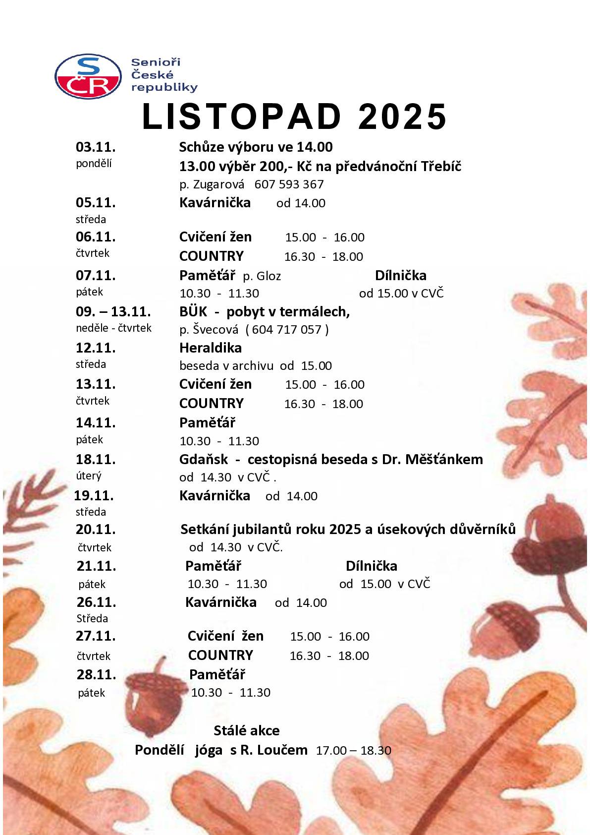 Plán akcí Seniorů ČR Mikulov na listopad 2025.