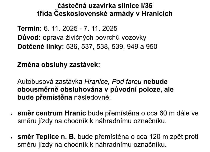 Z důvodu opravy živičných povrchů vozovky v autobusových zálivech dojde k částečné uzavírce silnice I/35 třída Československé armády v Hranicích ve dnech 6. a 7. 11. 2025.  Dojde k změně polohy zastávky Pod farou.