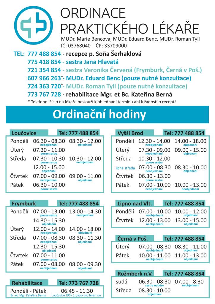 Přinášíme vám aktuální ordinační hodiny našeho praktického lékaře.