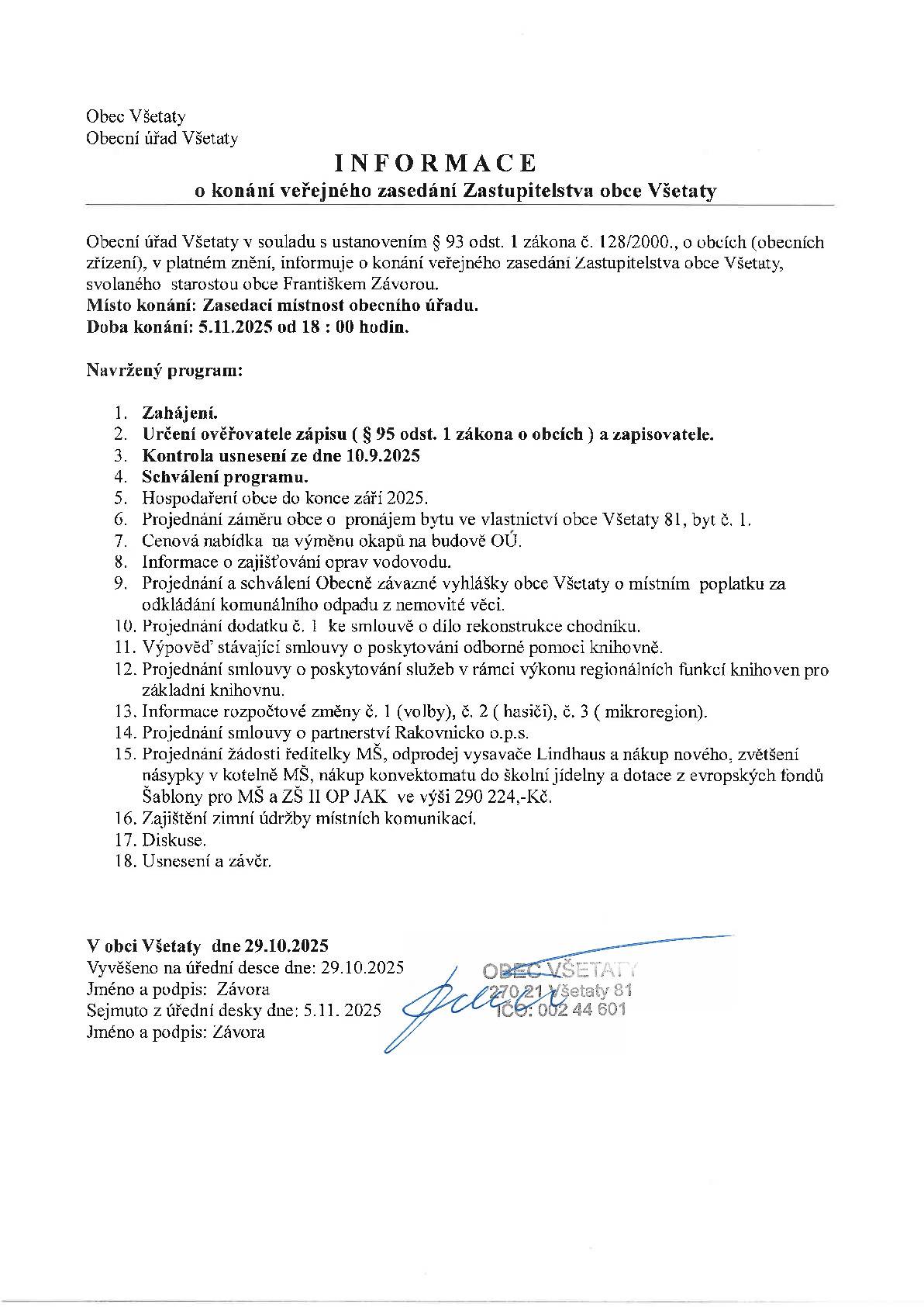Zasedání zastupitelstva dne 5.11.2025 od 18:00 hod..