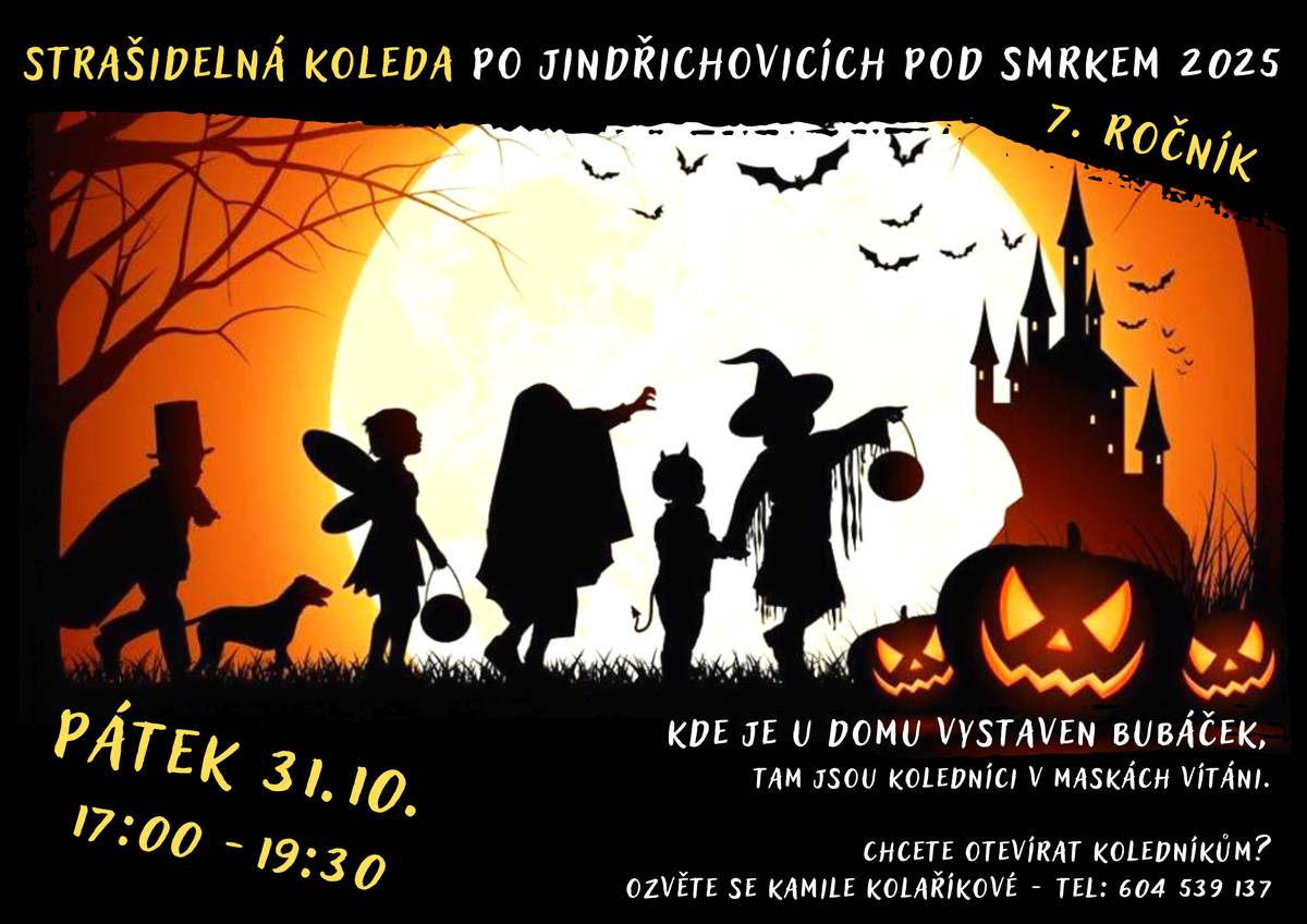 Milí sousedé,  v pátek 31. 10. od 17:00 do 19:30 se uskuteční již 7. ročník Strašidelné koledy po Jindřichovicích pod Smrkem. Jedná se o společenskou akci, stezku odvahy, karneval strašidelných kostýmů, koledování a zároveň pohoštění v jednom.  Kde se letos koleduje? Koukněte se do mapy: https://mapy.com/cs/turisticka?vlastni-body&x=15.2535559&y=50.9613400&z=16&sid=_JmZyF0sQNCCPmarazoAdA  Upozornění pro rodiče  Nejedná se o školní akci a za koledníky na jejich cestě Jindřichovicemi ručí jejich rodiče. Ideální je menší děti doprovázet.  Doporučujeme kostýmy obohatit o reflexní pásky, světýlka aj. - kvůli bezpečnosti na silnici  Zpráva pro koledníky  Kostým a básnička či písnička jsou podmínkou při koledování.  Kde není u domu vyvěšen duch, tam se nekoleduje.  Koleda začíná v 17:00 a končí v 19:30. Po této hodině už se nikde nekoleduje.  Ideální je chodit po vsi ve skupinkách nebo v doprovodu rodičů.   Doufáme, že se řada z vás ráda zapojí a zpříjemní tak dětem tuto již tradiční podzimní akci, na kterou se dlouho předem těší.  Za strašidelný tým organizátorů  děkuje  Kamila Kolaříková