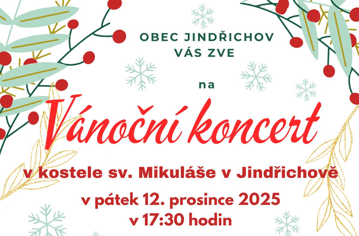 Obec Jindřichov zve všechny v pátek 12. prosince 2025 v 17:30 hodin na VÁNOČNÍ KONCERT v kostele sv. Mikuláše. Přijďte si poslechnou tradiční i moderní vánoční písně a koledy a naladit se na kouzelnou vánoční atmosféru.