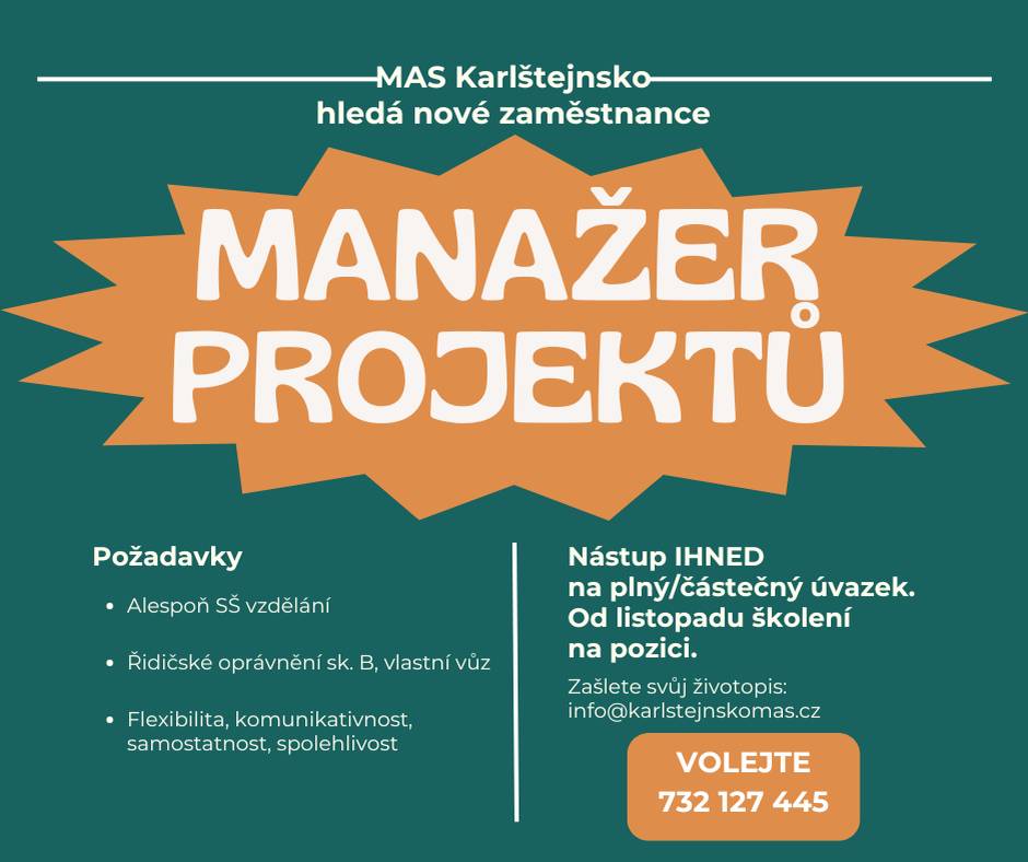 Místní akční skupina (MAS) Karlštejnsko, z. s. hledá nového kolegu nebo kolegyni na pozici - projektový manažer.