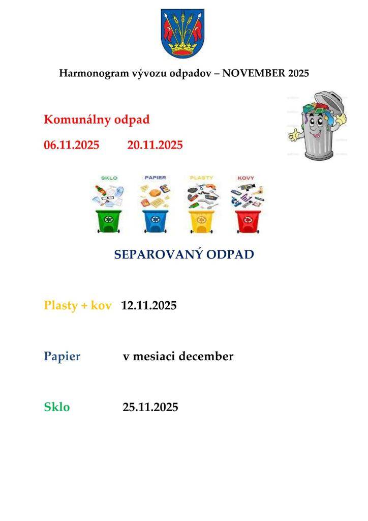 Harmonogram vývozu odpadov mesiac NOVEMBER 2025