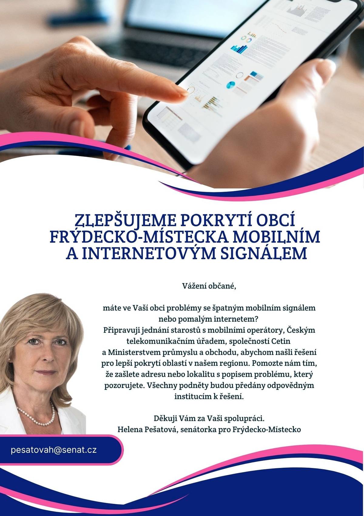 Máte ve své lokalitě dlouhodobě špatný mobilní nebo internetový signál? Dejte o tom vědět! Vaše podněty pomohou odborníkům zjistit problémová místa a hledat řešení jejich zlepšení. ➡️ Uveďte prosím konkrétní adresu, kde je signál slabý nebo vypadává, a zašlete ji buď na e-mail pesatovah@senat.cz, nebo na Obecní úřad Řepiště obec@repiste.eu. Všechny podněty budou zástupcem obce předány odborníkům na besedě „Pokrytí obcí Frýdecko-Místecka mobilním a internetovým signálem“, jež proběhne 4. listopadu 2025 ve Frýdlantu nad Ostravicí. Cílem besedy je zmapovat problémové lokality a hledat řešení pro jejich zlepšení ve spolupráci s odborníky.   ⚠️ Upozornění: Beseda NENÍ určena pro veřejnost, ale pouze pro zástupce obce, který bude požadavky občanů naší obce prezentovat. Děkujeme za pochopení.