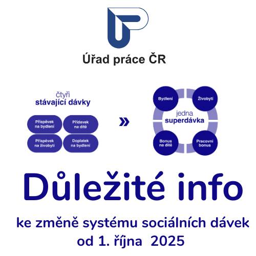 📢 Od 1. října 2025 se mění systém sociálních dávek – zavádí se superdávka, která nahradí čtyři stávající dávky. ✅ Pokud dávky pobíráte, nic se zatím nemění, ale pro pokračování v roce 2026 musíte podat žádost do 31. 12. 2025.  Podání online 👉 jenda.mpsv.cz nebo osobně na Úřadu práce. Odkaz na call centrum pro sociální dávky