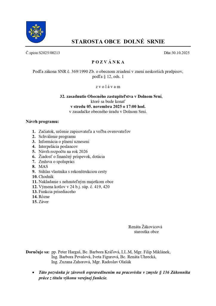 Pozvánka na 32. OZ dňa 05.11.2025