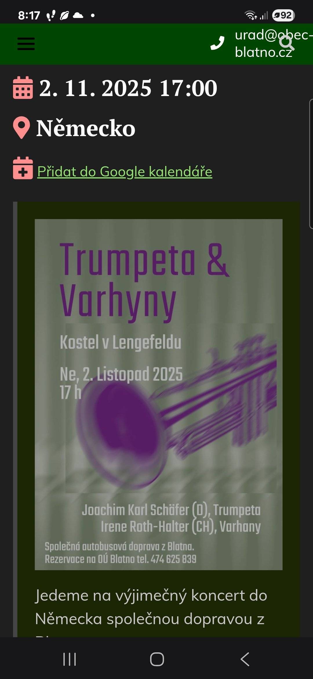 Přátelé z obce Lengefeld darovali do sbírky na naše varhany 120 tis.Kč a nyní nás zvou na koncert,pojeďme společně...2.11.,doprava tam i zpět zajištěna. Zájemci,volejte do 30.10.na 474625839.