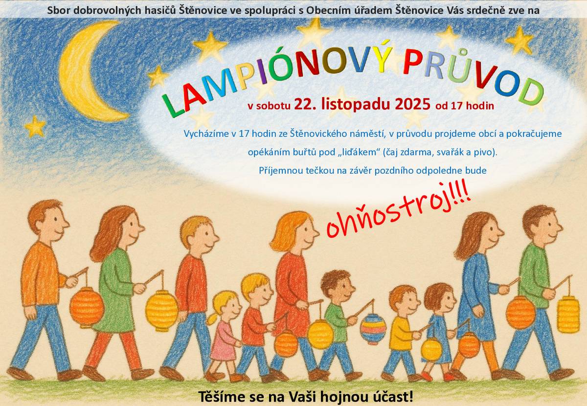 Vycházíme ze Štěnovického náměstí a končíme pod "liďákem" opékáním buřtů. Nebude chybět ani ohňostroj!