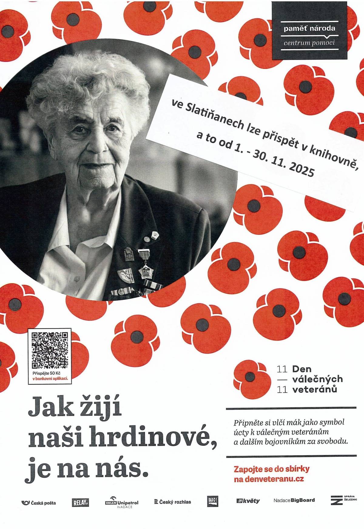 Od 1. do 30. listopadu 2025 můžete v městské knihovně přispět do sbírky na pomoc válečným veteránům a dalším bojovníkům za svobodu. Připněte si vlčí mák 🌺 — symbol úcty k těm, kteří obětovali své životy za naši svobodu. Tento květ se stal symbolem veteránů po první světové válce, kdy vyrůstal na polích zničených boji, kde padlo mnoho vojáků. Přispět můžete také online na 👉 www.denveteranu.cz