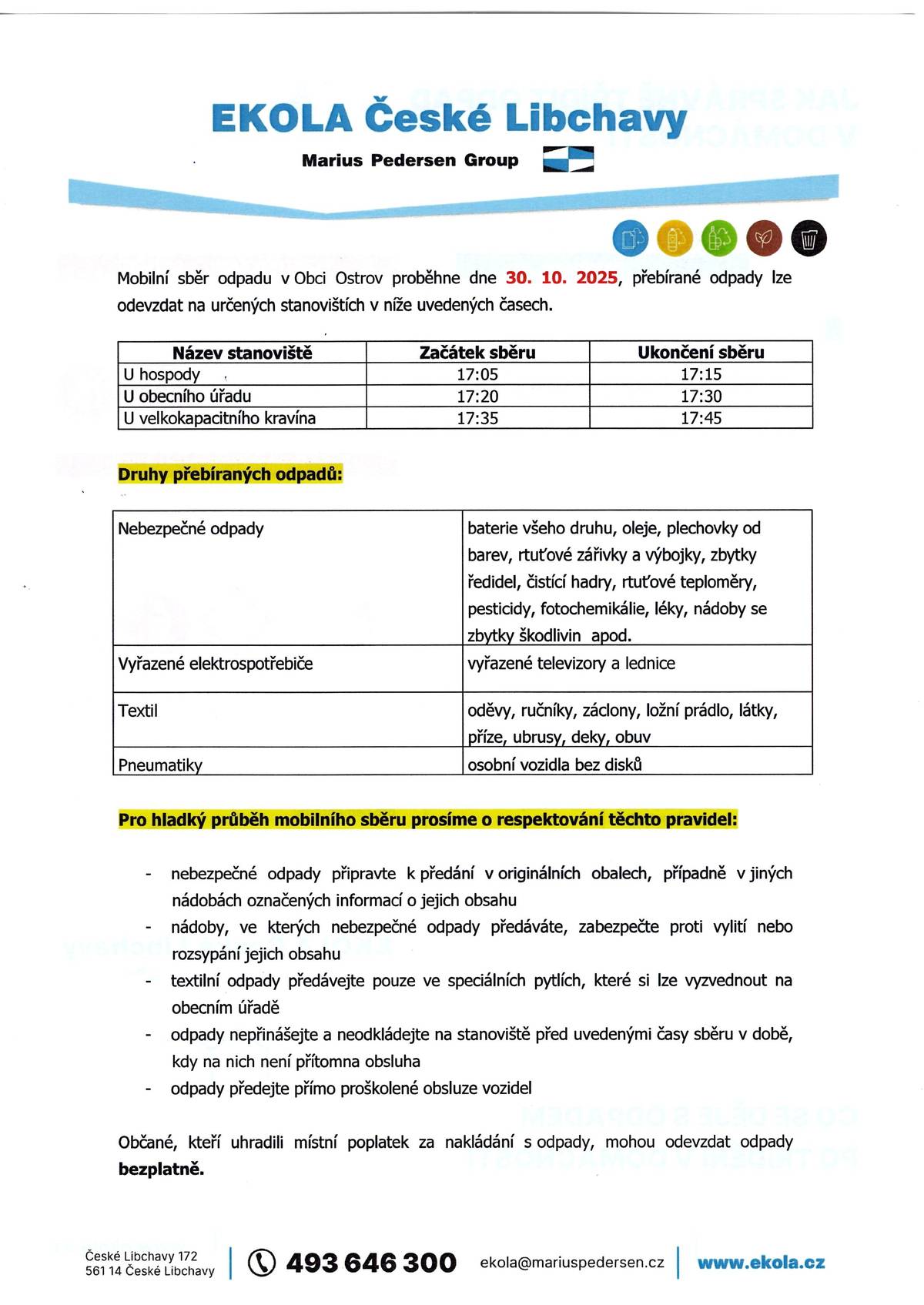 Ve čtvrtek 30.10.2025 se uskuteční mobilní sběr nebezpečného odpadu (baterie, oleje, plechovky od barev, léky a další), textilu a pneumatik. U čp. 274-bývalé hospody od 17.05-17.15 h. u OÚ 17.20-17.30 h. a u VKK čp. 261 od 17.35-17.45 h. Více informací najdete na www.obecostrov.cz.