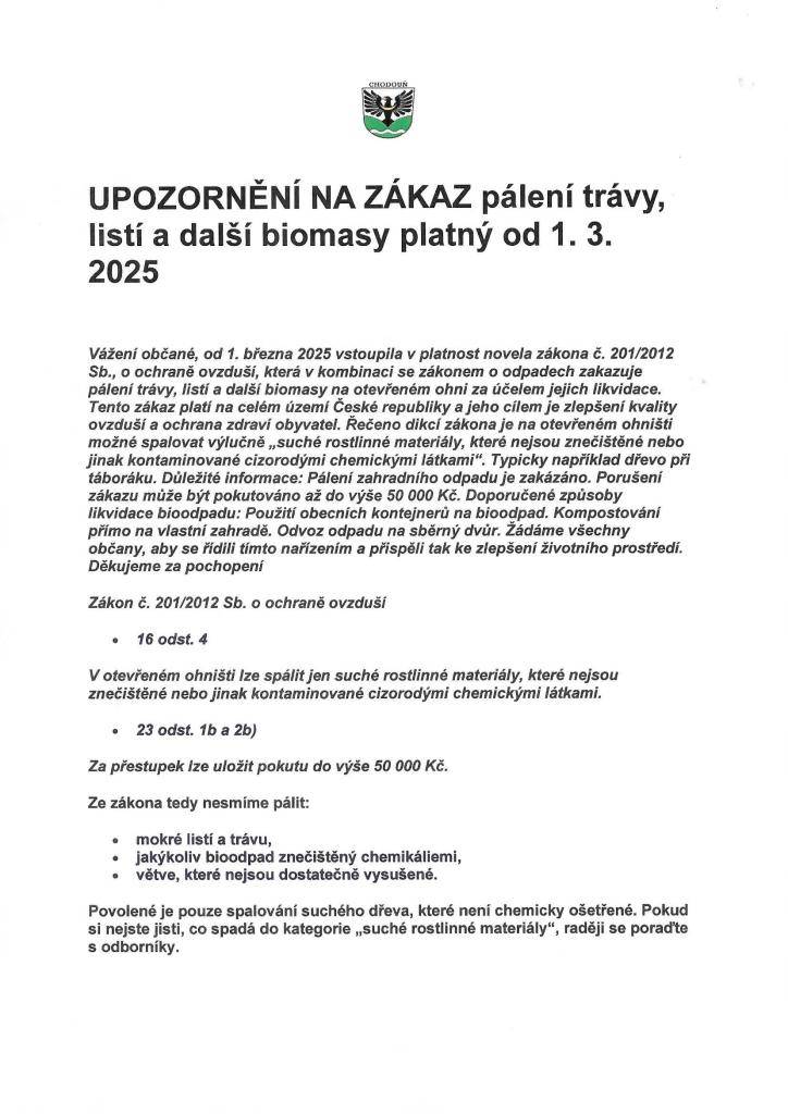 Upozornění na zákaz pálení trávy, listí a další biomasy platný od 1.3.2025