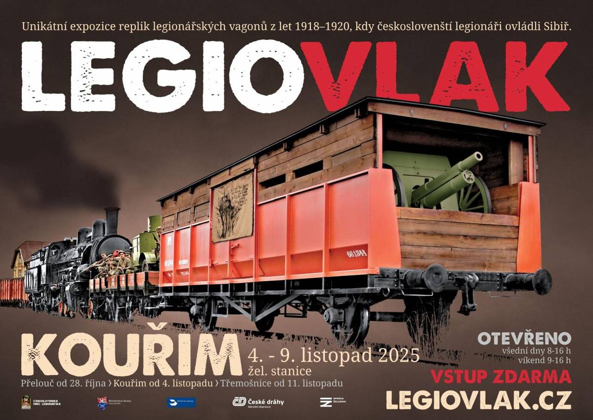 Unikátní expozice replik legionářských vagónů na železniční stanici Kouřim.