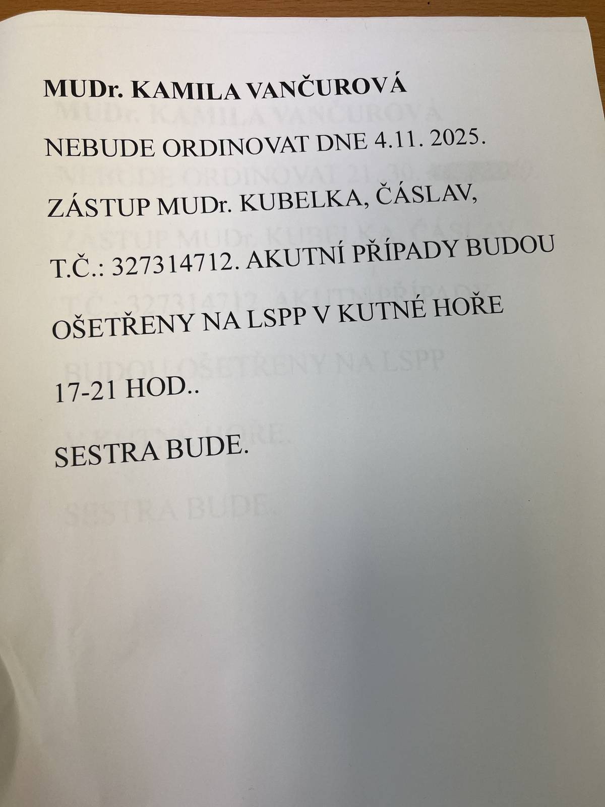 Dne 4.11.2025 nebude MUDr.Kamila Vančurová ordinovat💉 Sestra bude 👩