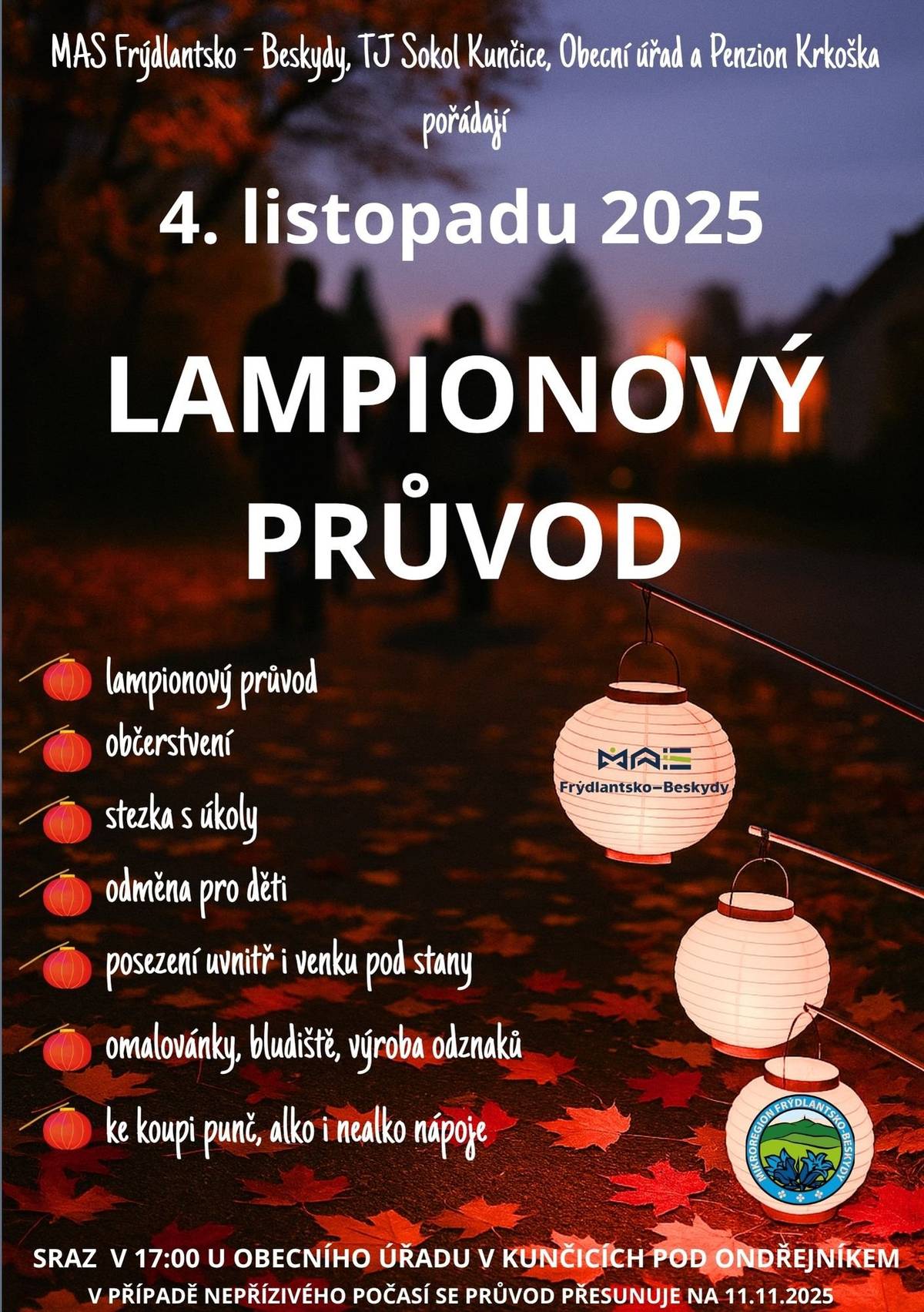 Dovolte mi Vás všechny pozvat na Lampionový průvod. Můžete se těšit na:  🐈⬛průvod lampionu od Obecního úřadu k Penzionu Krkoška  🐈⬛průchod kolem strašidla :-)  🐈⬛Posezení venku pod stany i uvnitř (již několikátým rokem pod heslem - dobří lidé se vejdou všude) 🐈⬛Občerstvení a čaj k dispozici 🐈⬛K zakoupení další nápoje a hlavně bezkonkurenční punč 🐈⬛Halloweenskou bojovku s odměnou pro každého účastníka (starší děti - čtenáři, zvládnou sami, mladší s maminkami)  🐈⬛Halloweenské pexeso, dobble, výroba odznáčků, omalovánky a další aktivity 🐈⬛ S sebou, světýlka, blikačky, lampiony, lucerničky - fantazii se meze nekladou.... a hlavně dobrou náladu!  Moc se na Vás těšíme v úterý 04.11.2025 v 17:00, sraz u Obecního úřadu. Nebude pršet huráááá!  Prosíme maminky, které by se chtěly zapojit, uvítáme pro děti cokoliv na stůl (od domácích buchet až po bonbony) :-)  Více informací: Kristýna Amálie Heczková Zveřejnila: Kristýna Amálie Heczková