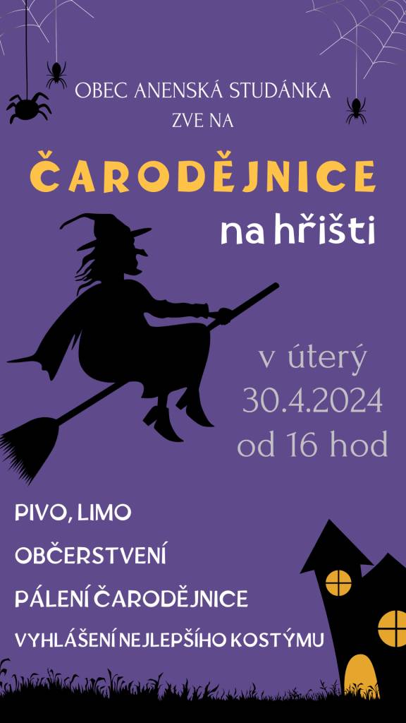 Zveme občany na ČARODĚJNICE na hřišti, které se uskuteční v úterý 30.4. od 16 hod. Na hřišti vás čeká: občerstvení, pivo, limo, vyhlášení nejlepšího kostýmu, pálení čarodějnice...