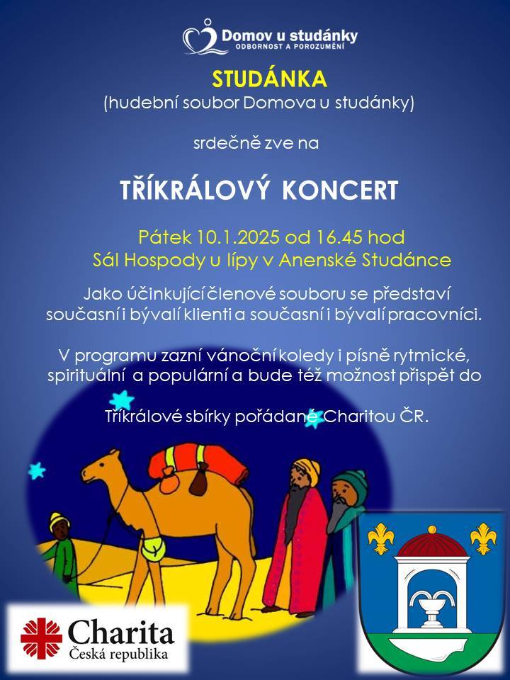 Hudební soubor Domova u studánky srdečně zve na TŘÍKRÁLOVÝ KONCERT, který se uskuteční v pátek 10.1.2025 od 16:45 hod. na sále v Hospodě u Lípy.