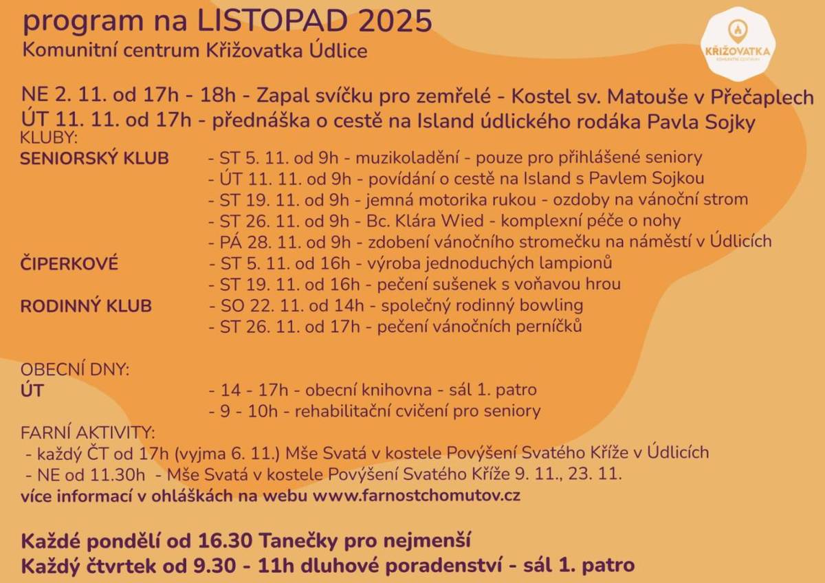 Na plakátku program KC Křižovatka v měsíci Listopadu