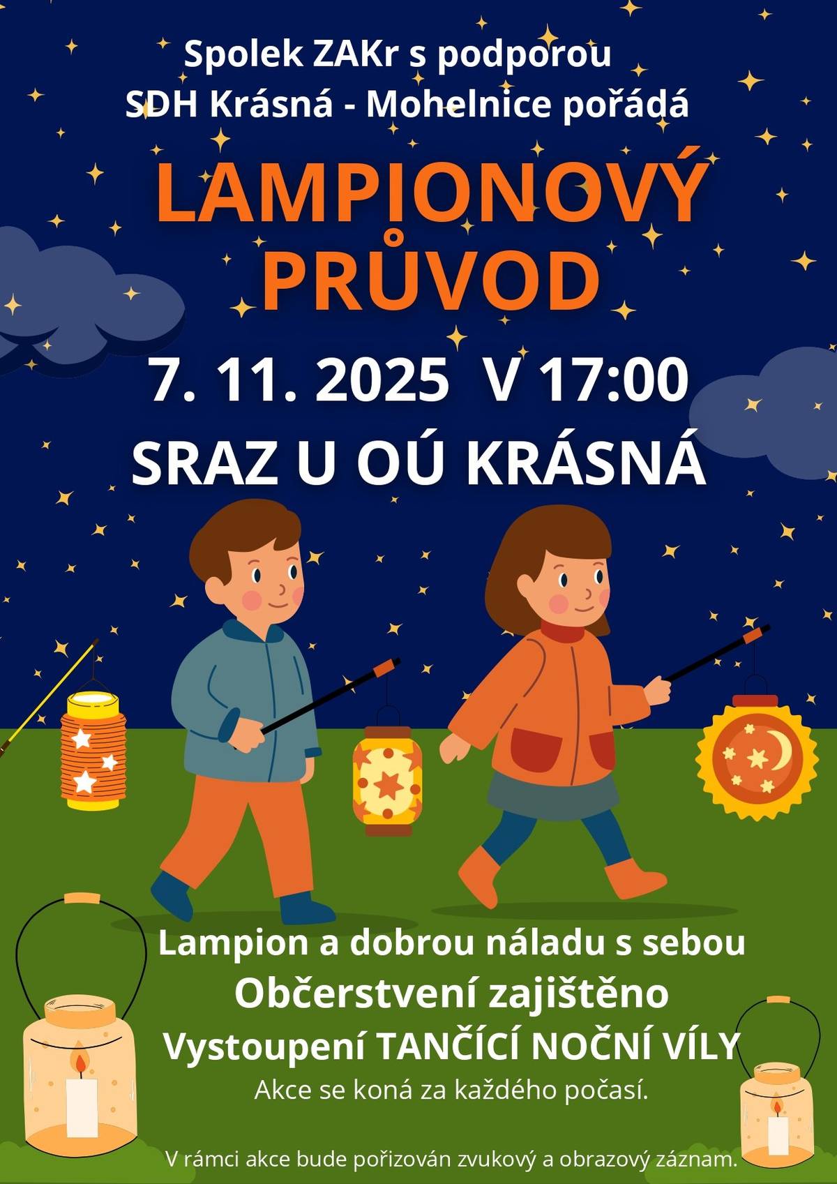 Spolek ZAKr s podporou SDH Krásná - Mohelnice vás zve na Lampionový průvod. V pátek 7. 11. 2025 v 17 hodin se sejdeme před obecním úřadem, s sebou si vezměte lampiony a dobrou náladu. Občerstvení bude zajištěno a vystoupí i Tančící noční víla!