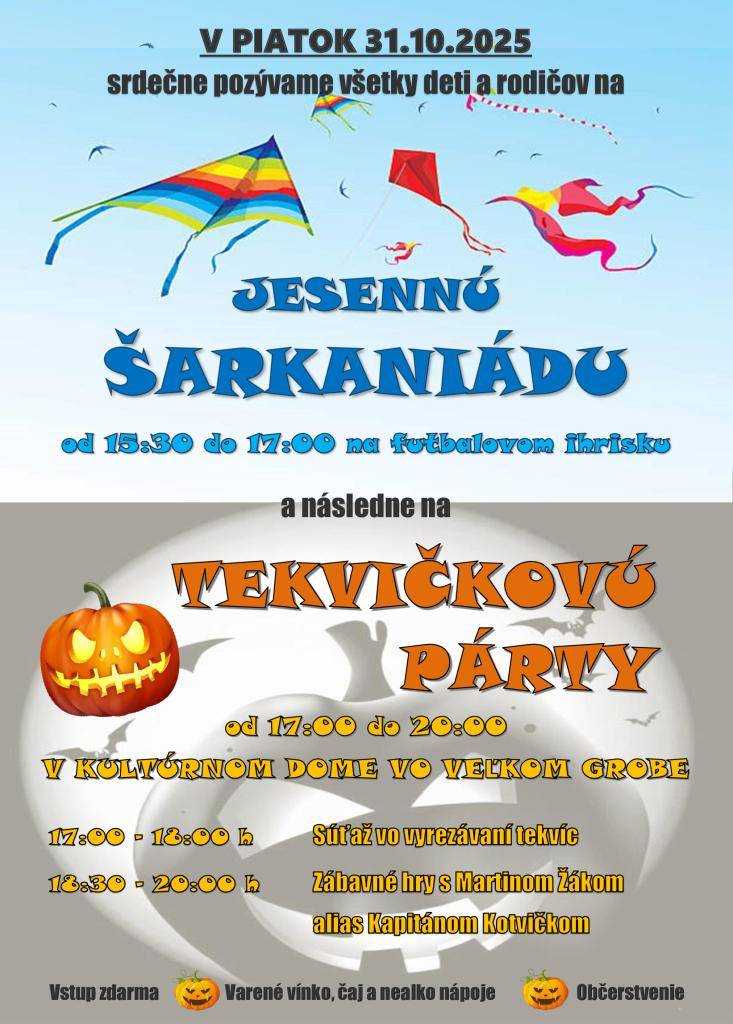 Kolektív trénerov a rodičov z Klubu malých športovcov z Veľkého Grobu Vás srdečne pozýva na popoludnie plné hier a zábavy už tento piatok 31.10.2025.