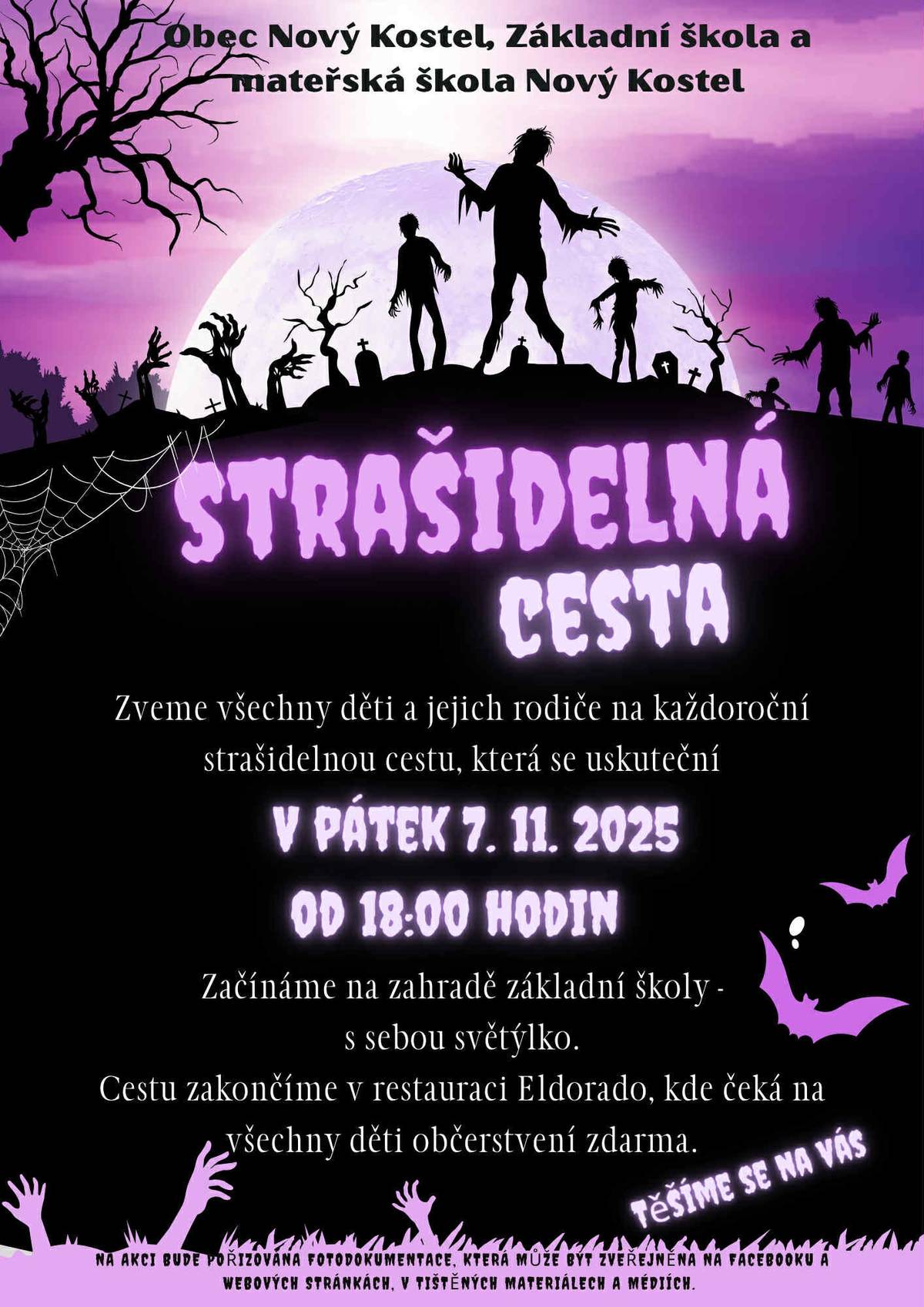 Obec Nový Kosel ve spolupráci se ZŠ a MŠ Nový Kostel pořádají STRAŠIDELNOU CESTU, a to v pátek 7. listopadu 2025 od 18 hodin. Sraz na zahradě základní školy. Více informací naleznete v přiloženém letáčku.