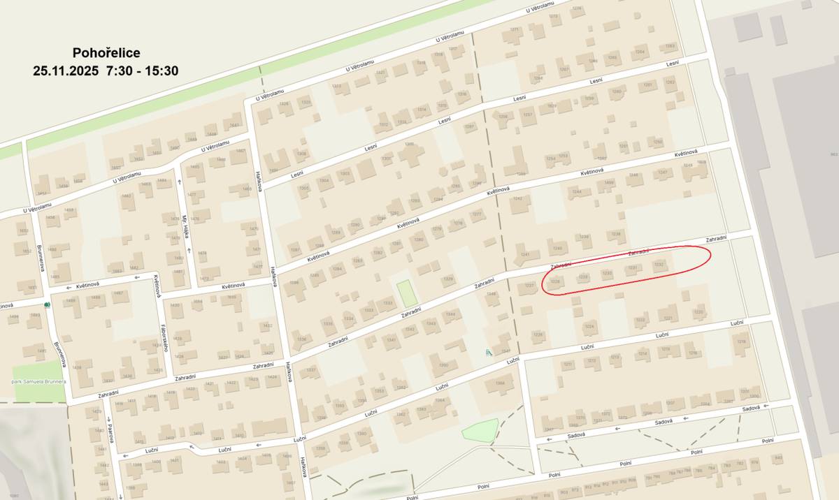 Odstávka číslo: 250496612  Dne 25.11.2025 od 07:30 do 25.11.2025 15:30  Vypnutá oblast: Pohořelice - Zahradní jižní strana od č.p. 1228 po č.p. 1232 a k/3122/40