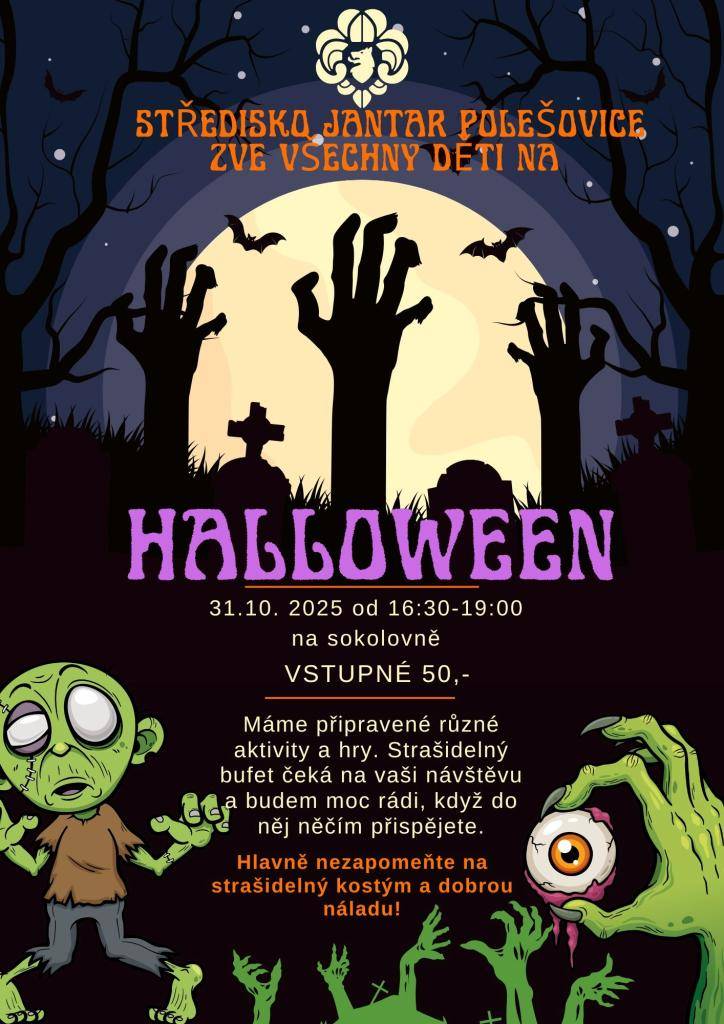 Středisko Jantar Polešovice zve na halloweenskou akci, která se uskuteční 31. října 2025 od 16:30 do 19:00 v sokolovně. Připraveny jsou různé aktivity a hry. Vstupné je 50 korun.