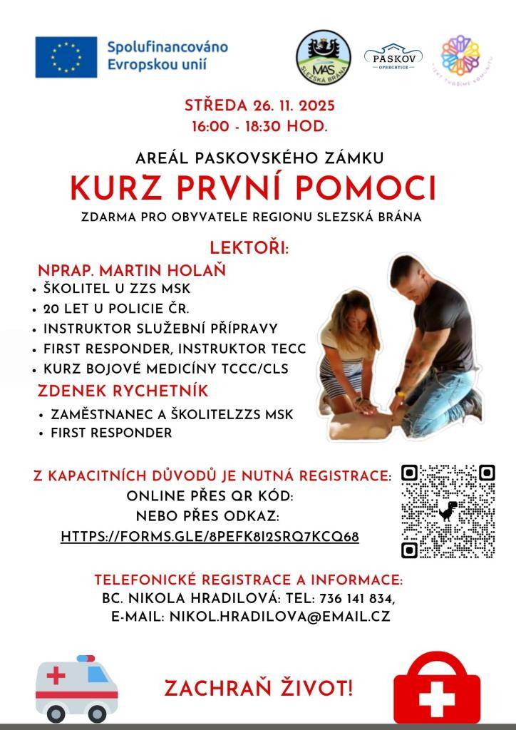 MAS Slezská brána zve občany na kurz první pomoci, který proběhne ve středu 26.11.2025 od 16 h v areálu paskovského zámku.