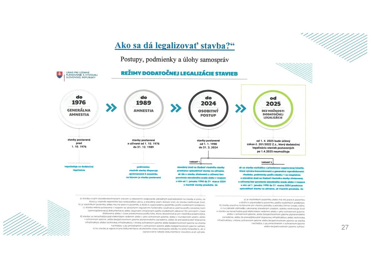 Vážení  spoluobčania, dovoľujeme si Vás upozorniť , že od 01.04.2024 nadobudla účinnosť novela zákona č. 162/1995 Z.z. o katastri nehnuteľností a o zápise vlastníckych a iných práv k nehnuteľnostiam (katastrálny zákon), podľa ktorej je možné dodatočne legalizovať  tzv. "čierne stavby", t.j. zapísať ich do katastra nehnuteľností. Týka sa to aj stavieb, ktoré možno máte pri svojom rodinnom dome - garáže, hospodárske budovy, ... a tieto nie sú zapísané na liste vlastníctva v katastri nehnuteľností. Táto možnosť dodatočnej legalizácie platí do 31.03.2029. Skontrolujte si prosím, či máte všetky stavby vo svojom vlastníctve zapísané na LV a či majú pridelené súpisné číslo.  Na kataster sa neevidujú stavby ako prístrešok pre autá, prístrešok pri rodinnom dome, stanová budova, altánok, skleník, mobilný dom na kolesách, voliéry pre vtákov.  Prvotná žiadosť sa podáva na obecnom úrade, v prípade pochybností vieme stav skontrolovať a budeme Vás informovať o ďalšom postupe. Nakoľko je čas obmedzený, veríme vo Vašu zodpovednosť vo vlastnom záujme a nebudete to nechávať na poslednú chvíľu.