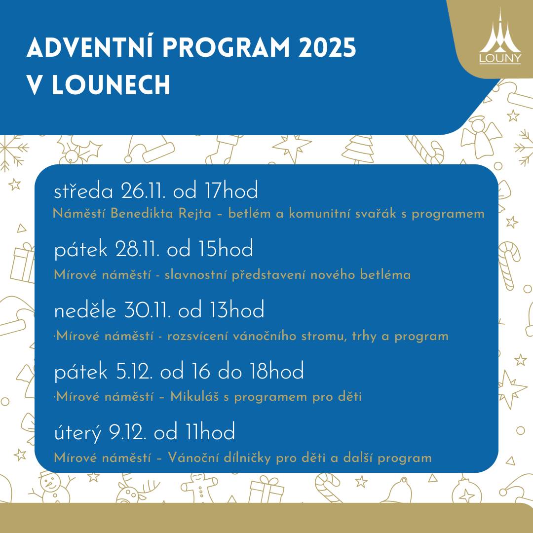 Město Louny bude mít v letošním roce bohatý adventní program. K již tradičním akcím na Mírovém náměstí letos poprvé přidáváme i program na Náměstí Benedikta Rejta, kde bude také umístěný betlém. ⛪ Na Náměstí Beneditky Rejta čeká letos všechny návštěvníky první komunitní svařák, ale i další akce, o kterých ještě budeme veřejnost informovat. ℹ️ • Středa 26.11. od 17hod – Náměstí Benedikta Rejta – betlém a komunitní svařák s programem • Pátek 28.11. od 15hod – Mírové náměstí - slavnostní představení betléma • Neděle 30.11. od 13hod – Mírové náměstí - rozsvícení vánočního stromu, adventní trhy a hudební program • Pátek 5.12., 16-18hod – Mírové náměstí – Mikuláš s programem pro děti • Úterý 9.12., od 11hod – Mírové náměstí – Vánoční dílničky pro děti a další program