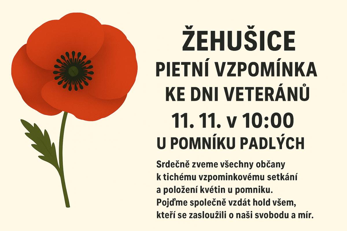 Srdečně zveme všechny občany Městyse Žehušice na pietní vzpomínku ke dni veteránů. Akce se koná 11. listopadu 2025 v 10:00 u pomníku padlých, kde si společně připomeneme oběti válek a vzdáme hold těm, kteří se zasloužili o naši svobodu a mír.