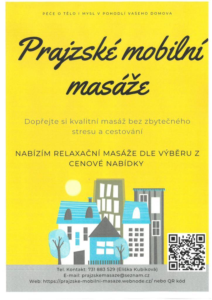Dopřejte si kvalitní masáž bez zbytečného stresu a cestování.   Bližší informace na tel. čísle 731 883 529.