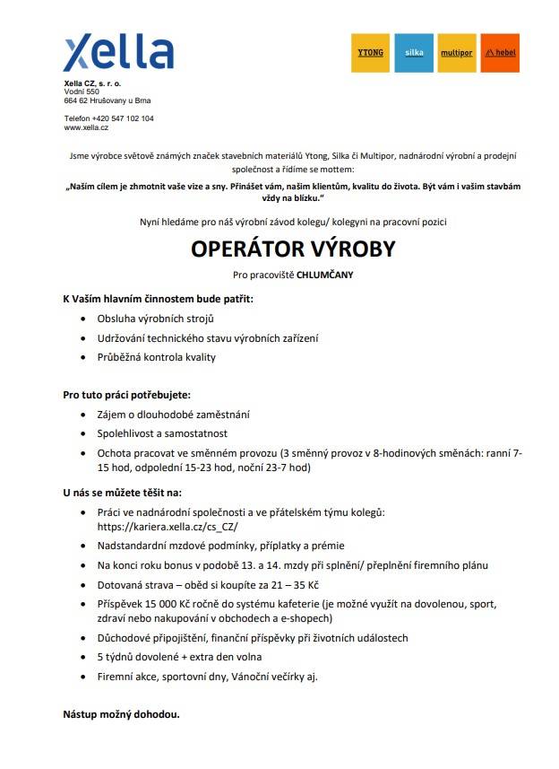 Nabídka pracovního místa v Xella CZ s.r.o. v Chlumčanech.