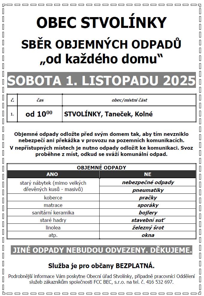 Dne 1.11.2025 proběhne ve Stvolínkách svoz objemného odpadu. Odpad připravte na svozové trase.