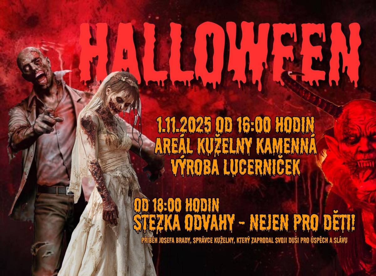 Kuželna Kamenná zve občany na "Halloween" na areálu kuželny. Akce proběhne 1.11.2025 od 16:00 hodin - výroba lucerniček. Od 18:00 hodin STEZKA ODVAHY - NEJEN PRO DĚTI ! Příběh Josefa Brady, správce Kuželny, který zaprodal svoji duši pro úspěch a slávu.