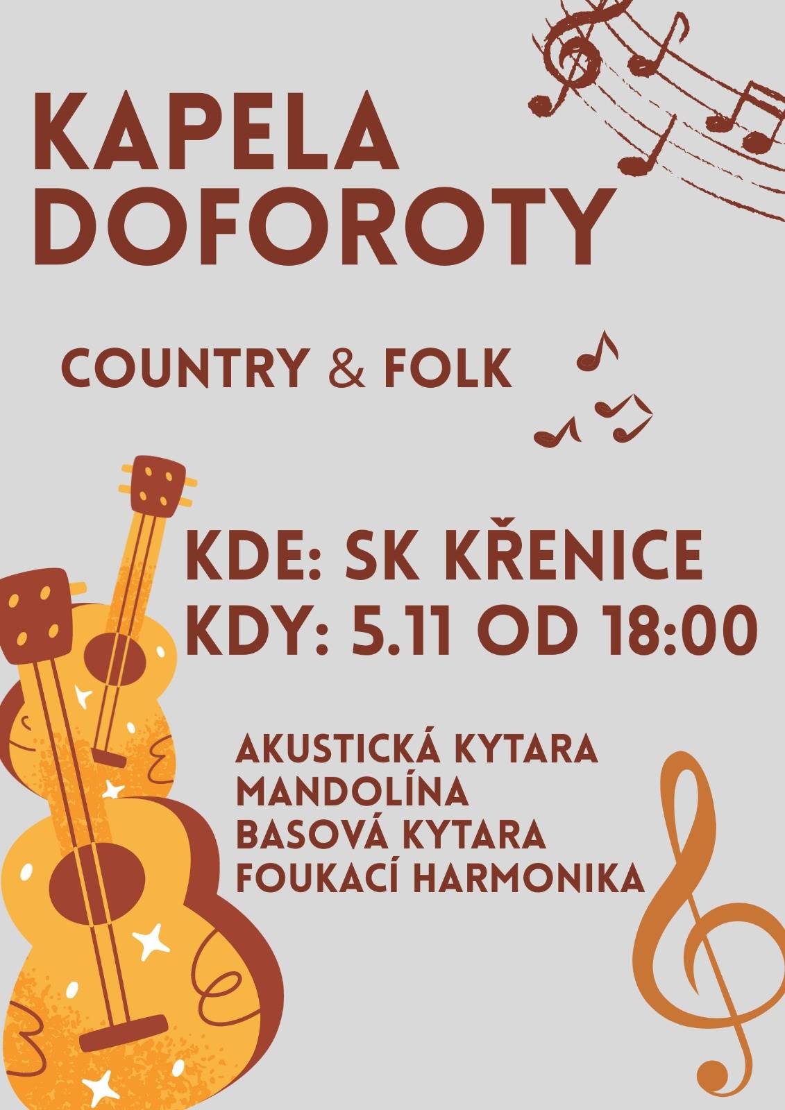 Zveme Vás na další country večer ve Křenici dne 5.11.2025 od 18:00 hodin. Zateplené sezení a občerstvení zajištěno.